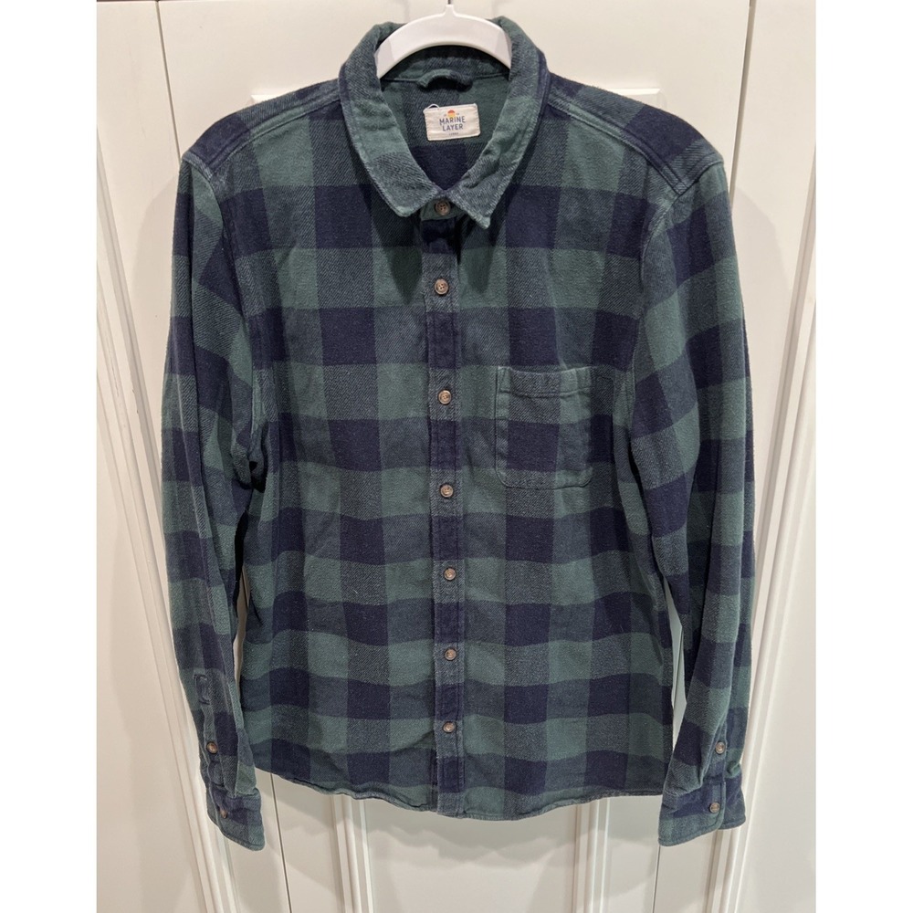 Marine Layer Men's Buffalo Plaid Flannel Shacket Shirt Size Large Blue & Green‎